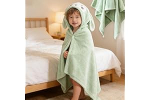 1 Piece Green Kids Hooded Bath Towel, Coral Fleece Cartoon Animal Bath Poncho, Quick-Dry Absorbent Baby Wrap for Toddler Bath