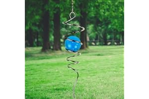 LJLIFART Gazing Ball Spiral Decorative Wind Spinner 13 Inch with Swivel Hook and 2 inch Aquamarine Glass Ball Unique Gift and Hanging Decor for Indoor Outdoor Garden Decoration