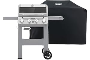 Monument Grills 4-Burner Liquid Propane Gas Grill, Silver Stainless Steel Grill Patio Garden Barbecue Grill with Clearview® Lid and One Foldable Shelf, Mesa400MF with BBQ Cover