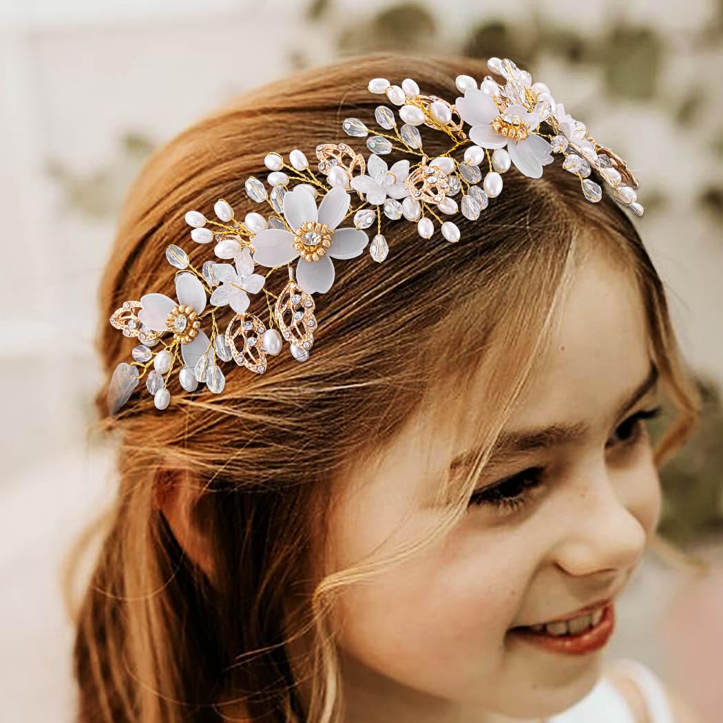 IYOU Flower Girl Headpiece Gold Flower Pearl Headband Leaf Crystal Bridal Wedding Hair Accessories for Girls