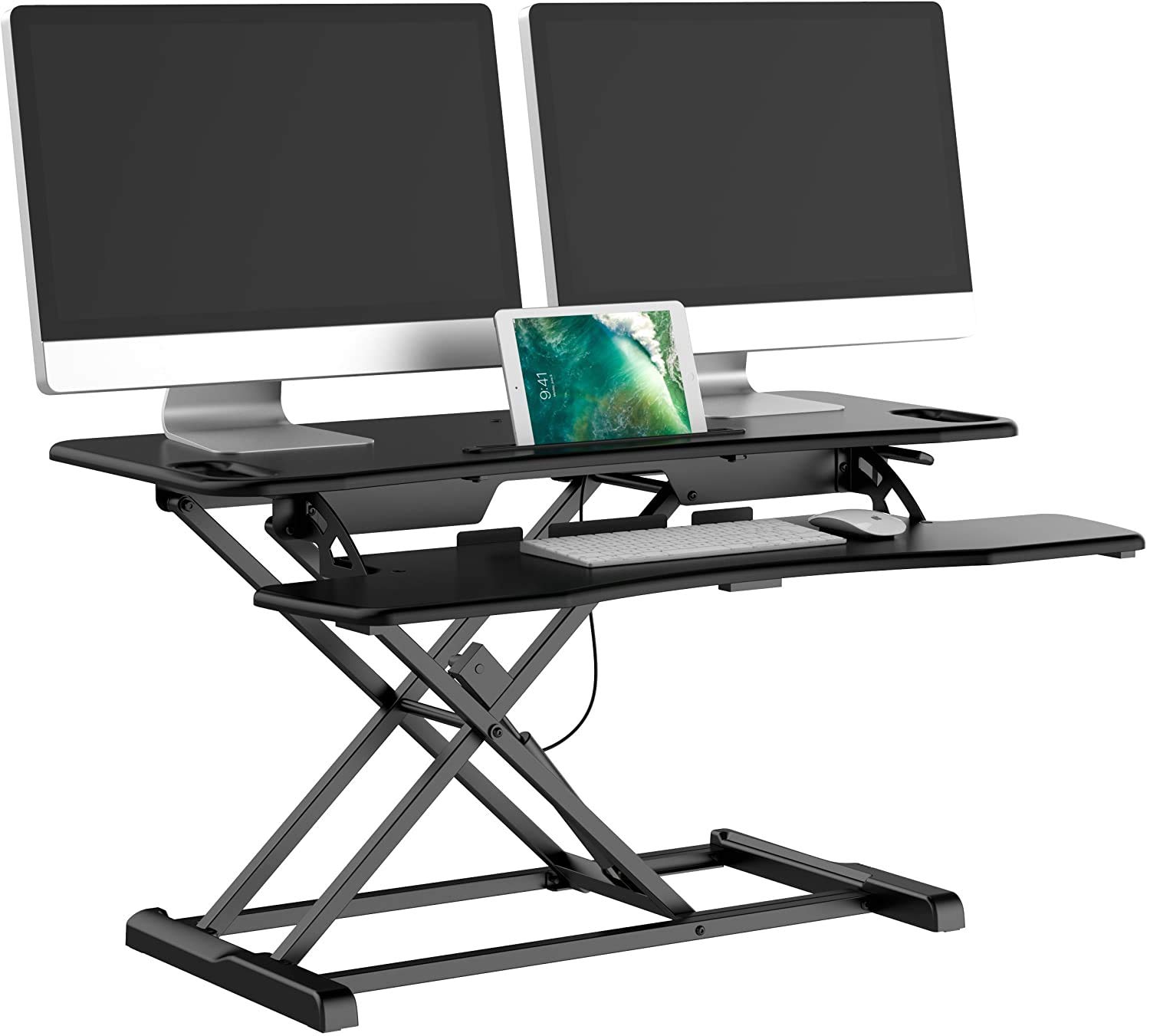 bonVIVO Standing Desk Converter – Height Adjustable Sit Stand Desk Riser with Large Keyboard Tray – Dual Monitor Computer Desk Converter – Ergonomic Portable Office Desk for Home & Work (Black)