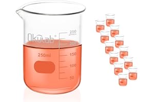 Okulab 12pcs of 250mL Glass Beaker, Low Form, Graduated 3.3 Borosilicate Glass Beaker Set for Lab, Classroom, Craft, Kitchen.BKLG250A12
