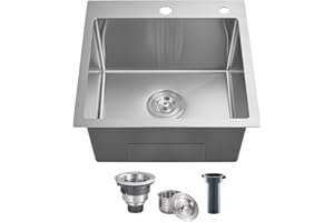 POPFLY 18 Inch Drop In Kitchen Sink, 304 Stainless Steel Top mount Handmade Single Bowl Kitchen Sink 9 Inches Deep Bar Prep Sink, Brushed Nickel（18×18×9）
