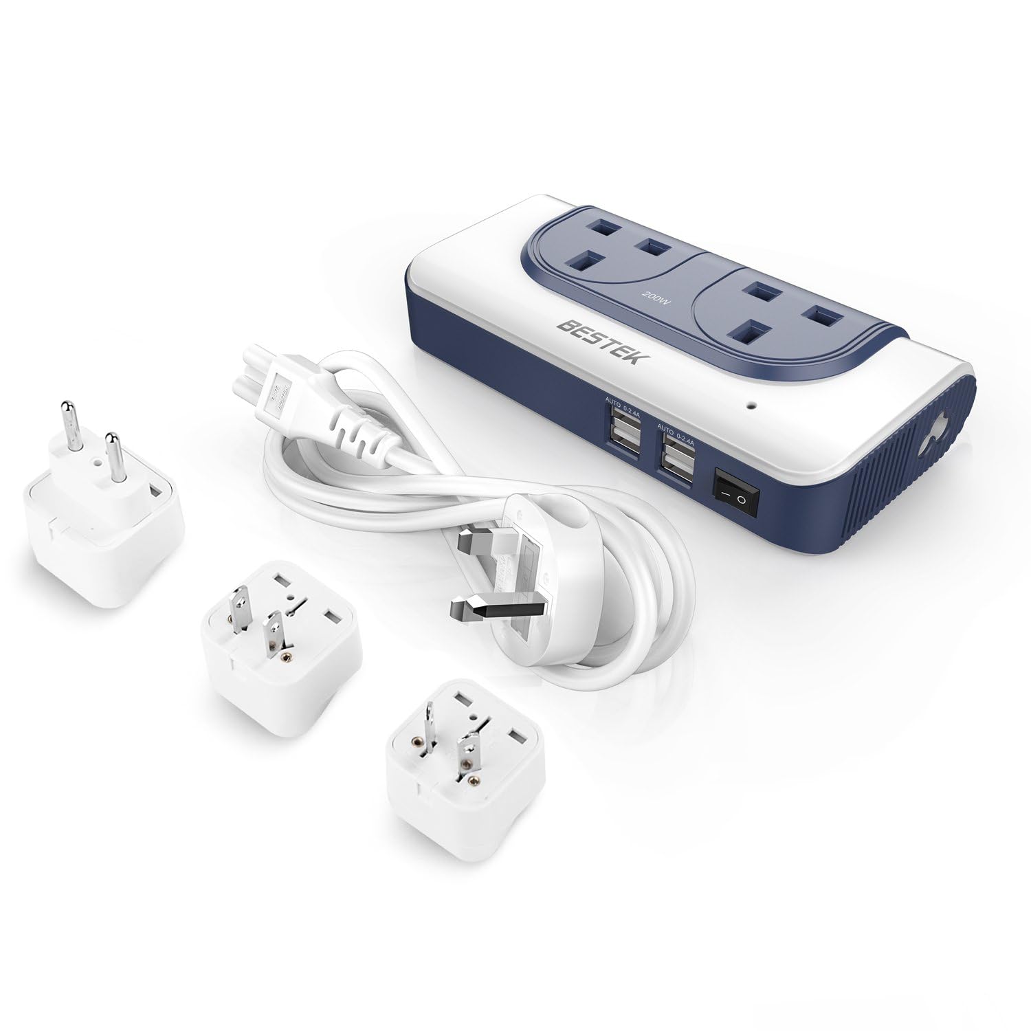 BESTEK Voltage Converter 110V to 230V Step Up Transformer with 4-Port USB Charging US/EU/AU Adapter UK to US Travel Charger, White-Blue