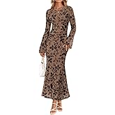 ZESICA Women's Long Sleeve Floral Bodycon Dress 2026 Spring Fall Ruched Mesh Wedding Guest Cocktail Party Maxi Dresses