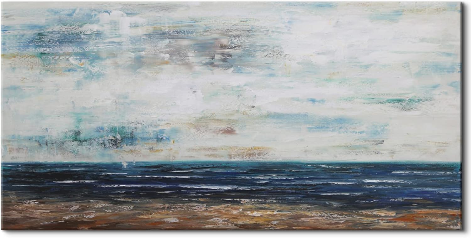 Paintings - Abstract Coastal Beach Wall Art Hand Painted on Canvas, Navy Blue Ocean Seascape 3D Oil Painting for Living Room Wall Decor Minimalism Palette Knife Textured Artwork Bedroom Home Decorations 24x48