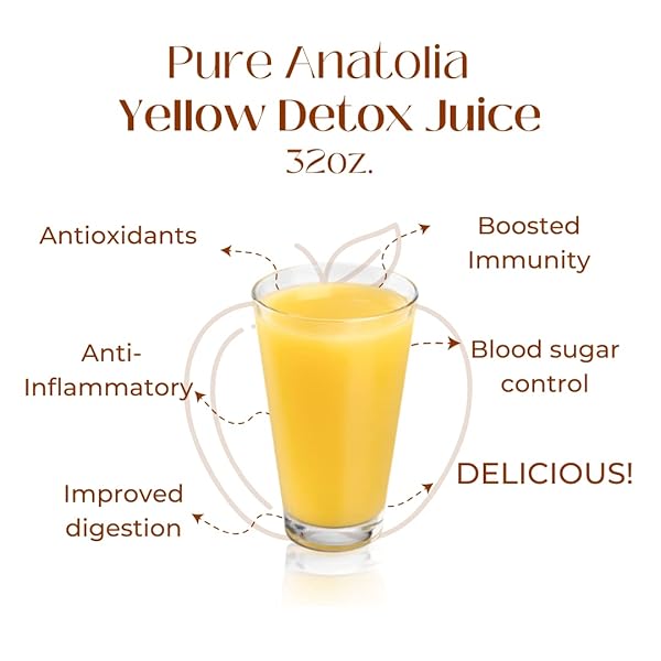 ORGANIC YELLOW DETOX JUICE BY PURE ANATOLIA – USDA ORGANIC, GLUTEN FREE, VEGAN, NO PRESERVATIVES, NON GMO- REUSABLE 1 GLASS BOTTLE OF 32 FL OZ.