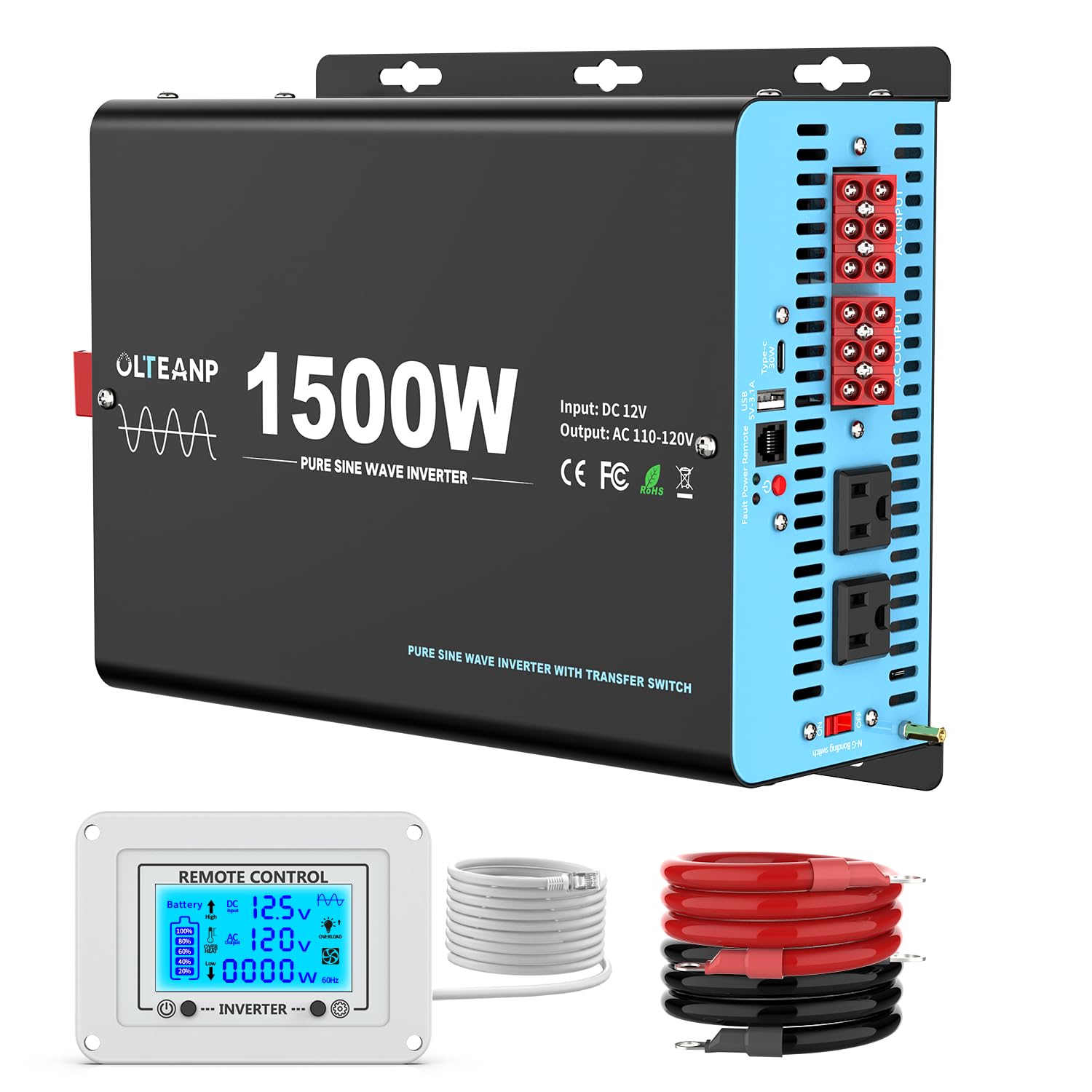 Photo 1 of 1500W Pure Sine Wave Power Inverter with Transfer Switch, 12V DC to 120V AC Converter, 3000W Peak, Auto Switch to Shore Power, Remote LCD Controller, USB & Type-C for RV, Truck, Off-Grid