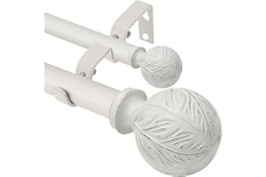 Double Curtain Rods for Windows 28 to 48 Inches, 1 Inch Diameter Heavy-Duty Adjustable Double Curtain Rods with Leaf Pattern 