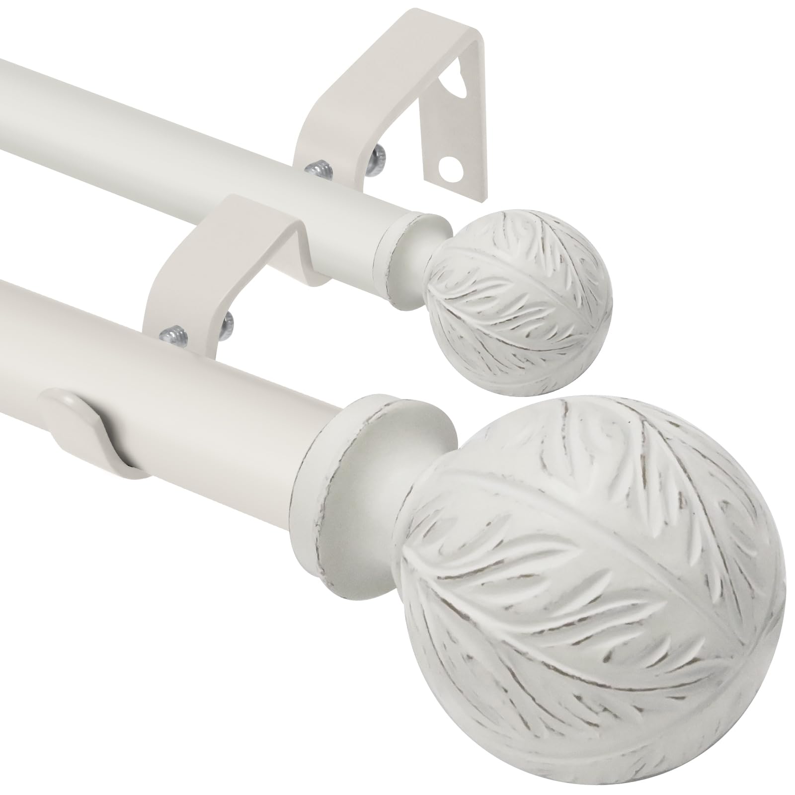 Photo 1 of Double Curtain Rods for Windows 66 to 120 Inches, 1 Inch Diameter Heavy-Duty Adjustable Double Curtain Rods with Leaf Pattern Finials and Brackets-for Bedrooms And Living Rooms?Weathered White