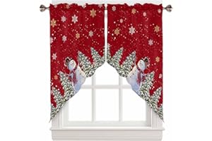 BEMIGO Christmas Swag Curtains Red Valance for Window, Cute Snowman Christmas Tree valances for Windows Kitchen Living Room, Rod Pocket Window Curtains Over Sink 28" W x 36" L,2 Panels
