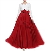 Women Wedding Long Maxi Puffy Tulle Skirt Floor Length A Line with Bowknot Belt High Waisted for Wedding Party Evening