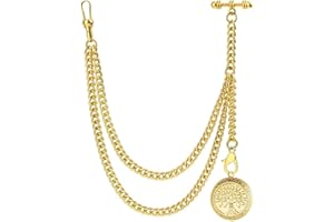 DerMacht Single Albert Pocket Watch Chain T-Bar with Silver/Golden Carving Design of Locket Pendant