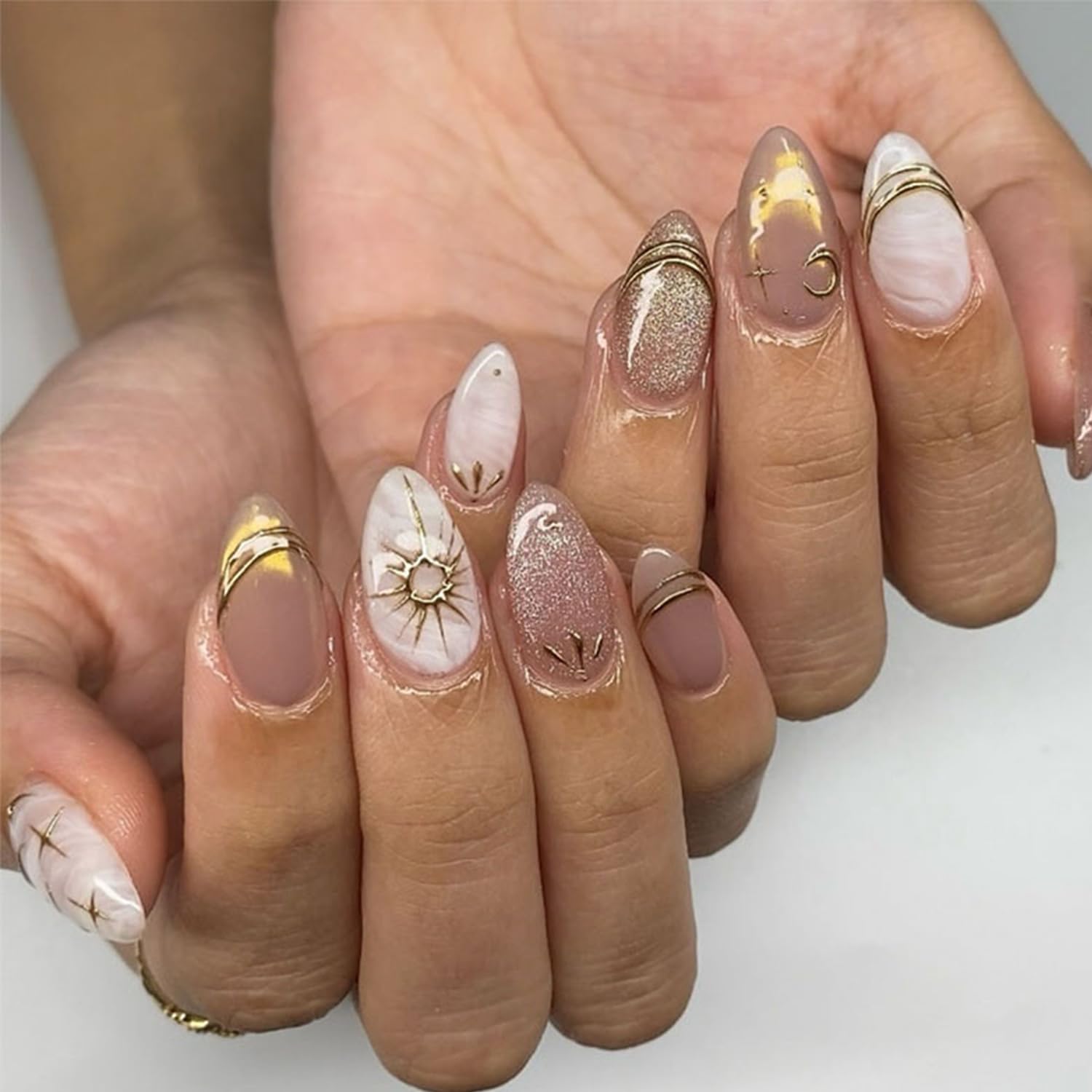 Photo 1 of 24Pcs Almond Press on Nails Short Fake Nails French Tip False Nails Glossy Glitter Star Moon Sun Design Gold Acrylic Nails Full Cover Stick on Nails for Women and Girls