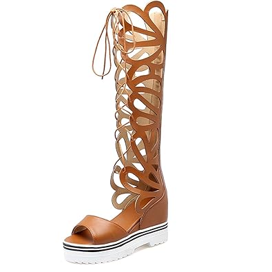 AIYOUMEI Damen Denim Peep Toe Keilabsata Sommer Stiefel Römersandalen mit Schnürung und Plateau Sommer Elegant Schuhe