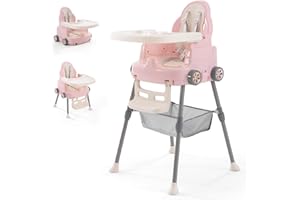 SOOBABY Baby High Chair,Adjustable Convertible 3 in 1 Baby High Chairs Baby Toddlers Feeding Chair Booster,5-Point Harness,Removable Tray&PU Cushion (Pink)