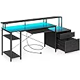 Rolanstar Computer Desk 59" with File Drawer, Gaming Desk with LED Light & Power Outlets, Home Office Desk with File Cabinet & Storage Shelves, with Monitor Stand & Keyboard Tray, Black