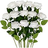 Mocoosy 12 PCS White Rose Artificial Flowers, Fake Roses with Long Stems Realistic Silk Rose Bouquets for Wedding Decorations