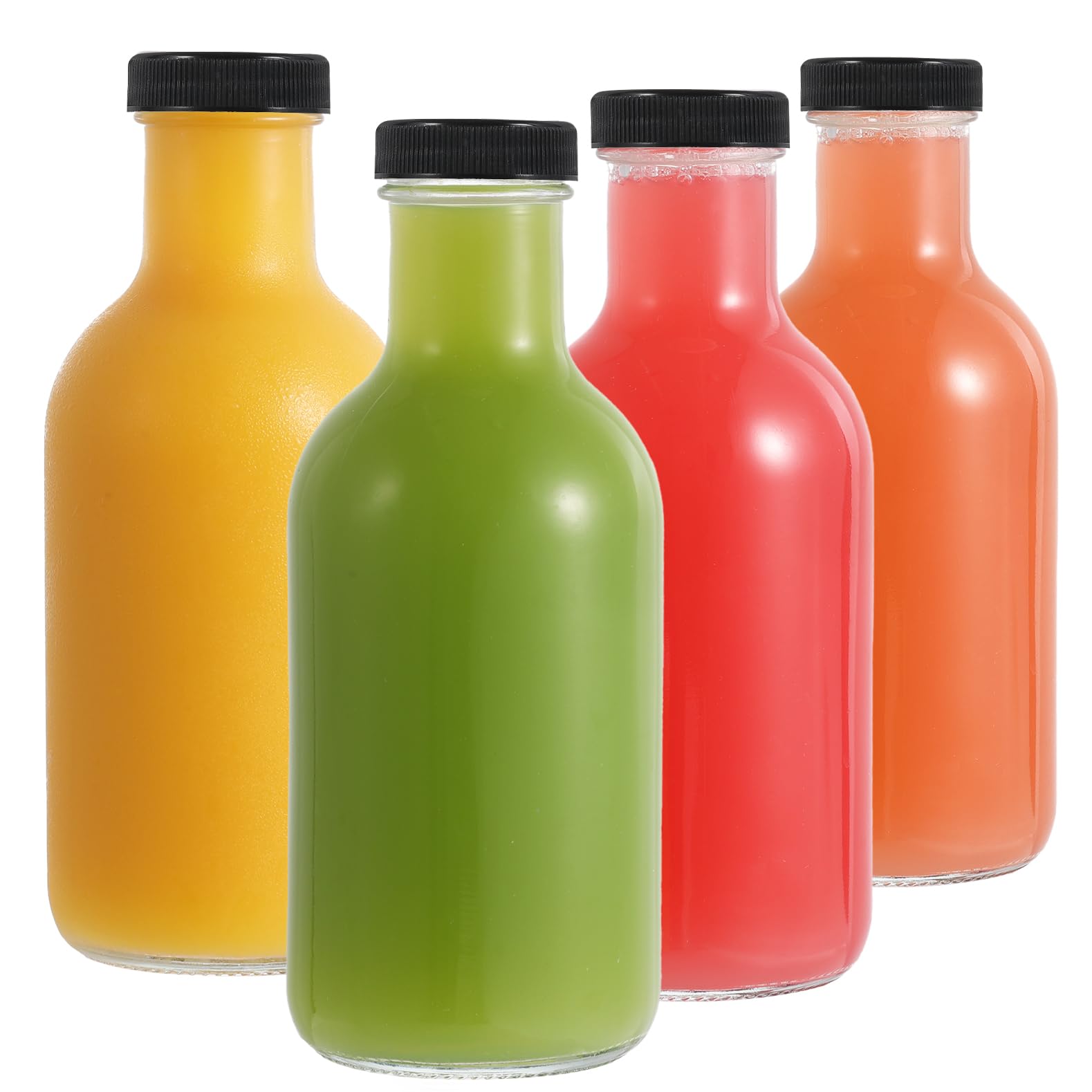 LIMILI Glass Juice Bottles with Lids, 4 pack 500ml Reusable Glass Bottles with Lids, Clear Glass Bottles Glass Drinking Bottles for Homemade Beverages Picnics Travel School