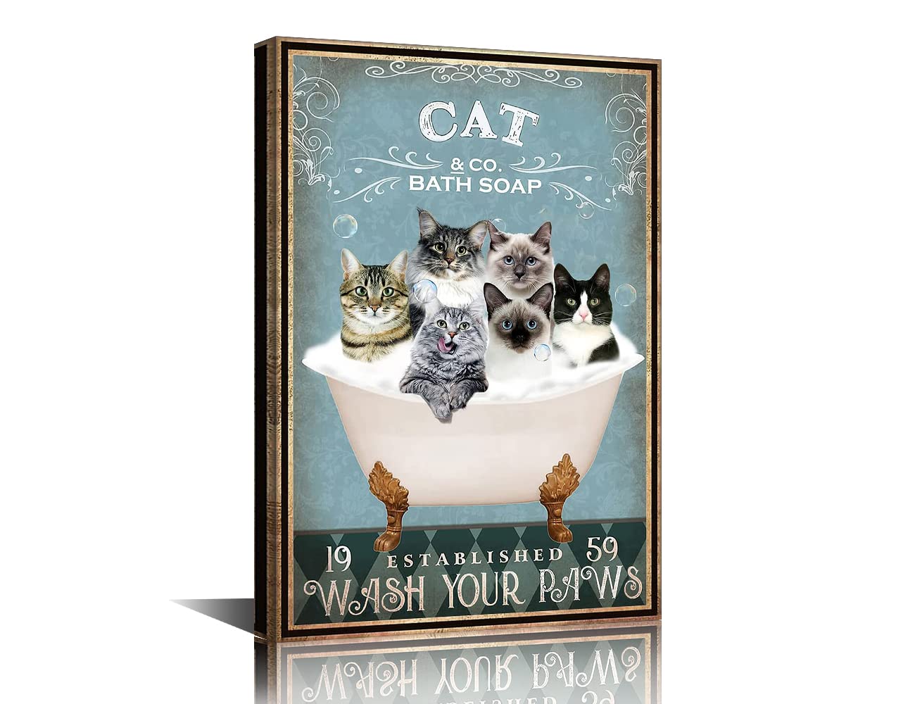 Funny Cat Canvas Wall Art - Framed Cat Gifts for Bathroom Decor - 18" W x 12" H Ready to Hang