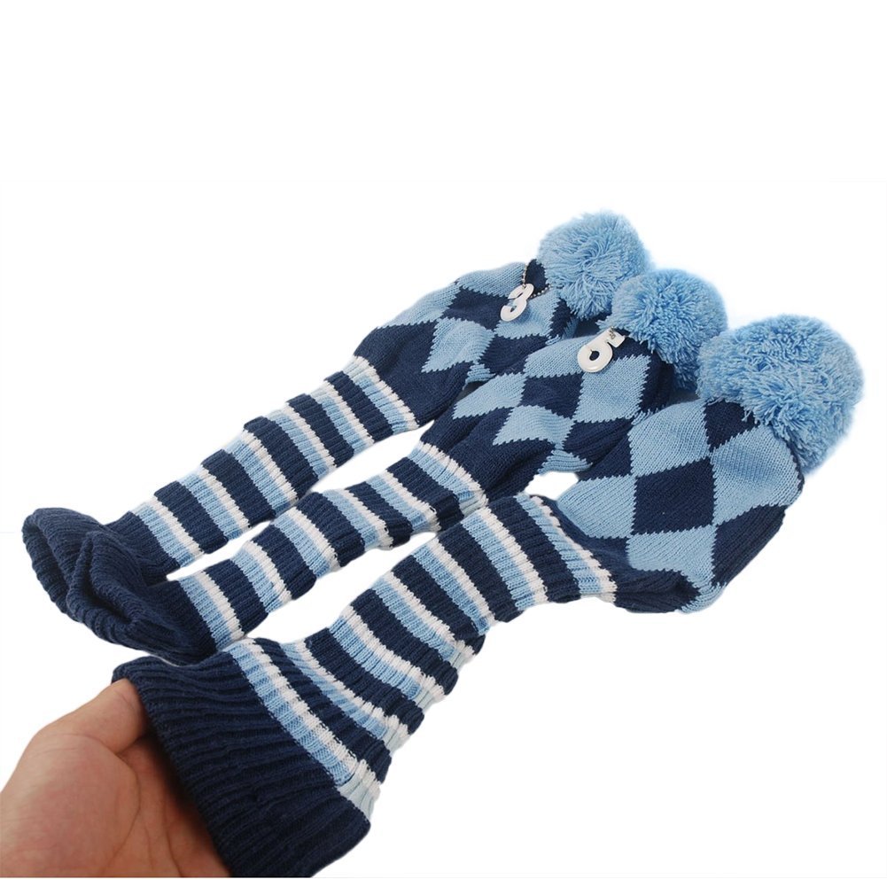 OxoxO set of Golf Club Argyle Knit Head Covers Headcover Vintage Pom Pom Sock Covers 1-3-7 Compatible with Driver & Woods 3pcs (Blue)