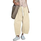 Wyeysyt Barrel Jeans Women Wide Leg Elastic Waistband Cotton Pants Baggy Palazzo Pants with Pockets(Beige-S)