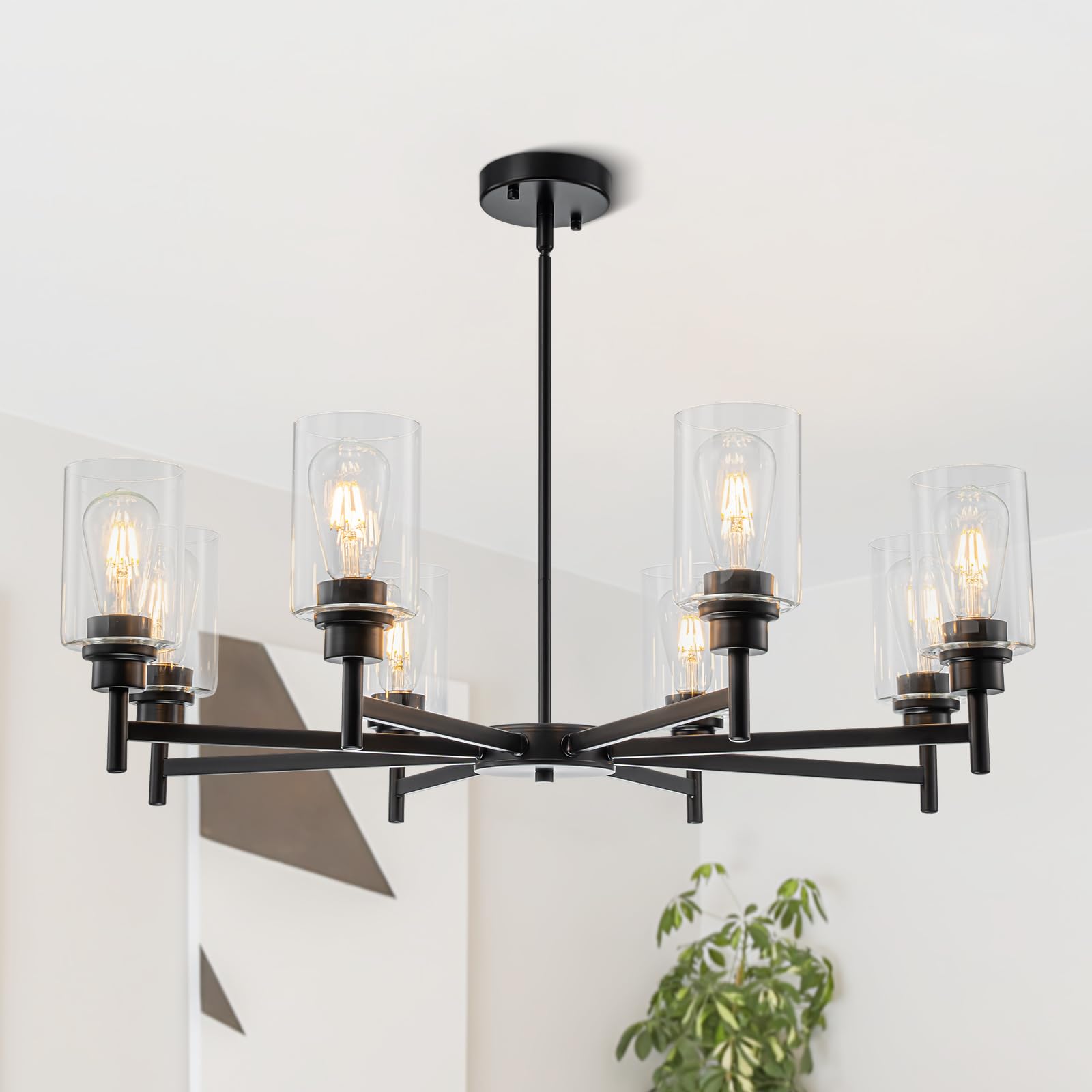 Photo 1 of foucasal Matte Black Chandeliers for Dining Room, Farmhouse Chandeliers 8 Light Dining Room Light Fixture with Clear Glass Shades Pendant Lighting for Kitchen Island Living Room Staircase