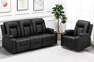 COMHOMA Recline Chair Set，Living Room Furniture Sets,Bonded Leather Loveseat Sofa with Cup Holder (Black, Living Room Set 3+1)