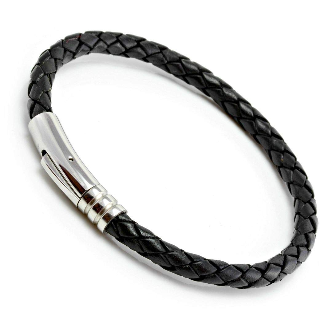 CMJ London Mens Leather Bracelet with Stainless Steel Trigger Clasp Black Braided Leather L-8.5"