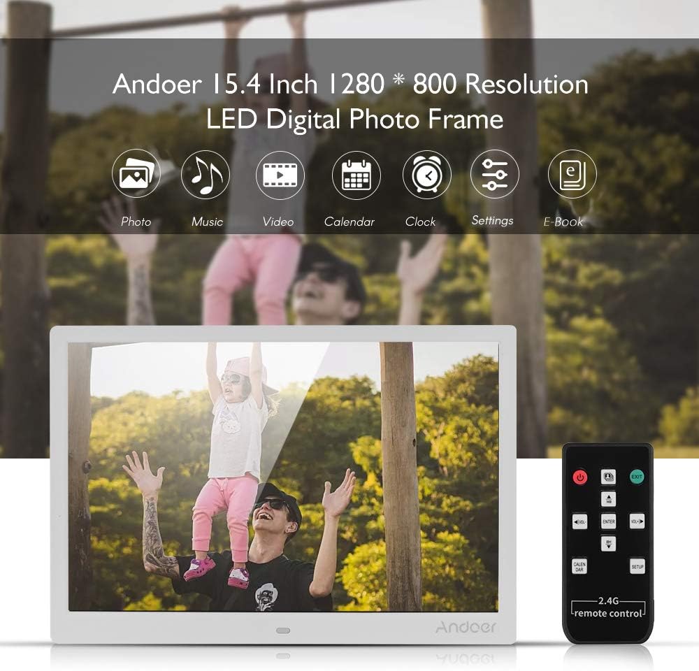 Andoer Digital Photo Frame 15.4 Inch 1280 * 800 Resolution LED Screen Photo Album 1080P HD Video Playing with 2.4G Wireless Remote Control Music Movie Clock Calendar Functions Gift for Family Friends - Image 5