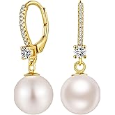 Jiahanzb Pearl Dangle Drop Earrings for Women 925 Sterling Silver Pearl Leverback Earrings Cubic Zirconia Pearl Dangling Earrings 10MM