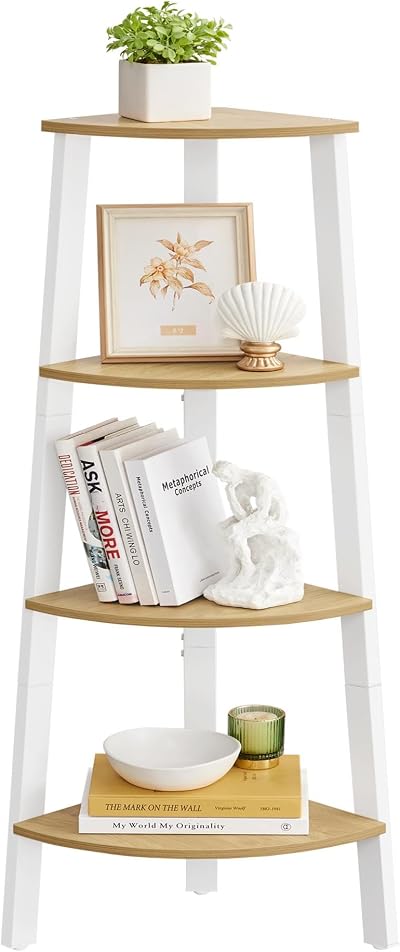 VASAGLE 4-Tier Corner Shelf Unit Ladder Shelf Natural Oak White LLS034Y70