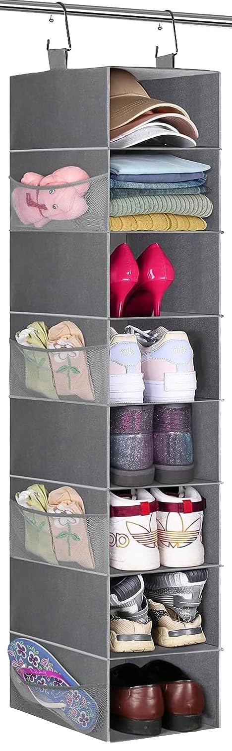 MISSLO Hanging Shoe Storage Organiser for Wardrobe Shoe Rack with Large 8-Shelf and Side Mesh Pockets Organizer for Handbags, Clothes, Hat, Grey