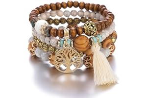 Boho Beaded Bracelet,Multi-Layer Wooden Beaded Bracelet,Elastic Bracelet,Tassel Bracelet Tourist Souvenir Tree Of Life Bracel