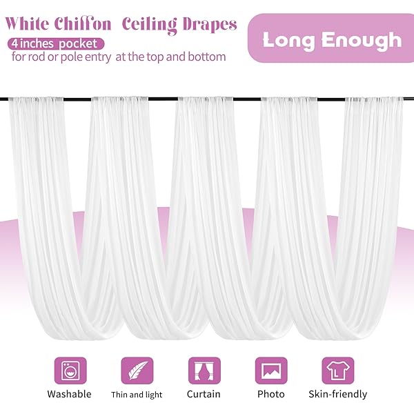 SHOWGEOUS 4 PANELS WHITE CEILING DRAPES FOR WEDDING CEILING DRAPES 5FTX45FT WEDDING ARCH DRAPING FABRIC SHEER CURTAINS VOILE CHIFFON DRAPERY DRAPING DECORATIONS FOR PARTY CEREMONY STAGE