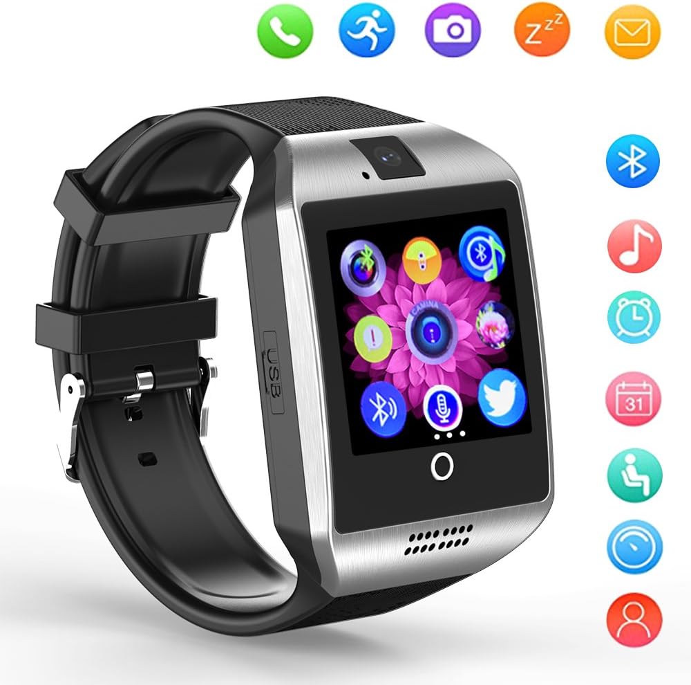 Smart Watch Bluetooth Q18 Touchscreen Wrist Watches SHFY with Camera Compatible with Android Phones for Men Women (Silver)
