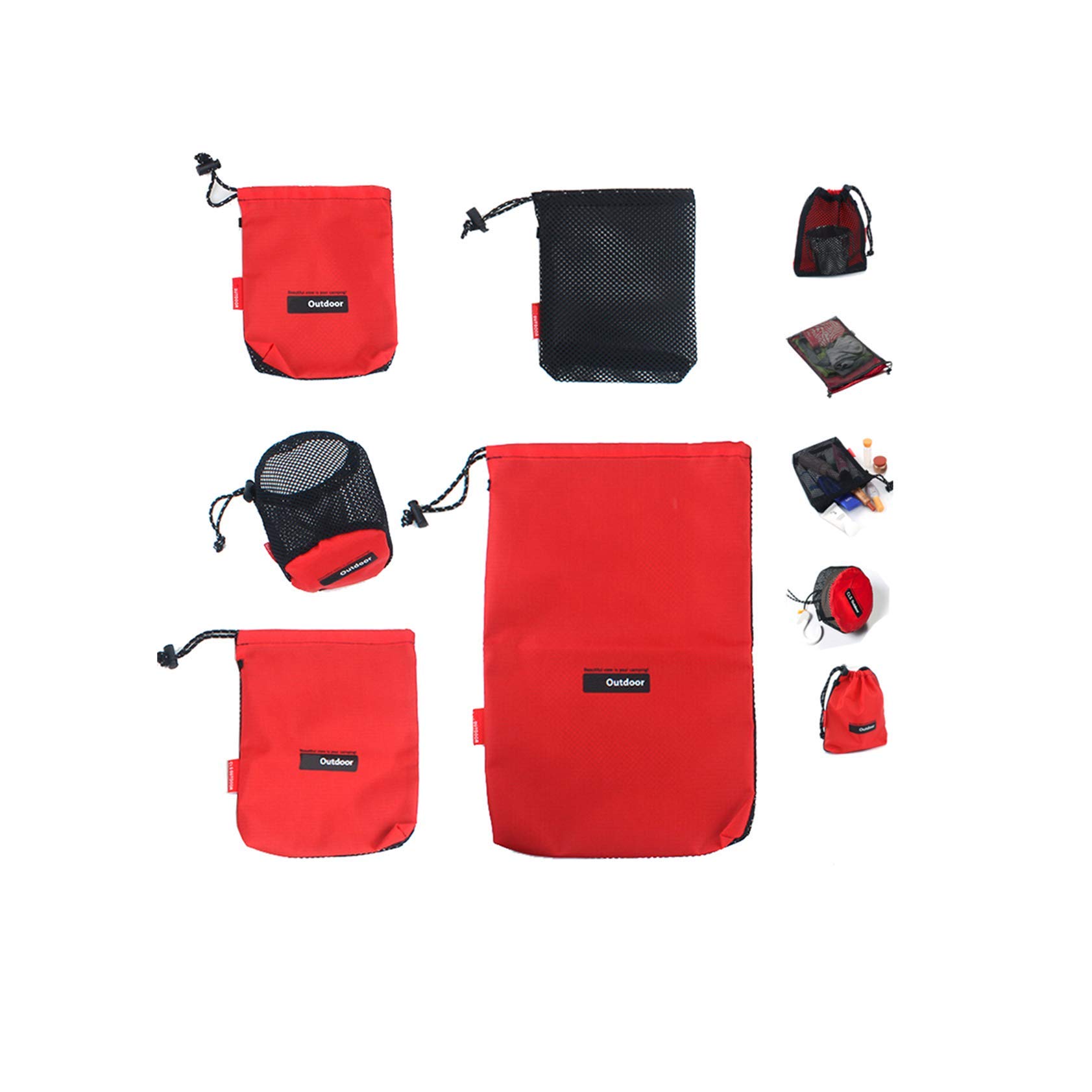 Set of 5 Nylon And Mesh Patchwork Drawsting Bags Stuff Sack Cinch And Ditty Stuff Pouch With Toggle For Gym Travel Storage (Red Black Patchwork, Diffrent Size)