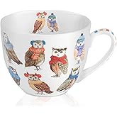 Cute Autumn Owls Coffee Mug, 20 oz Bone China Mugs with Charming Owls in Color Scarves and Hats, Perfect Brithday and Christmas Gift for Bird Enthusiasts, Designed in England by Harvest Green Studio