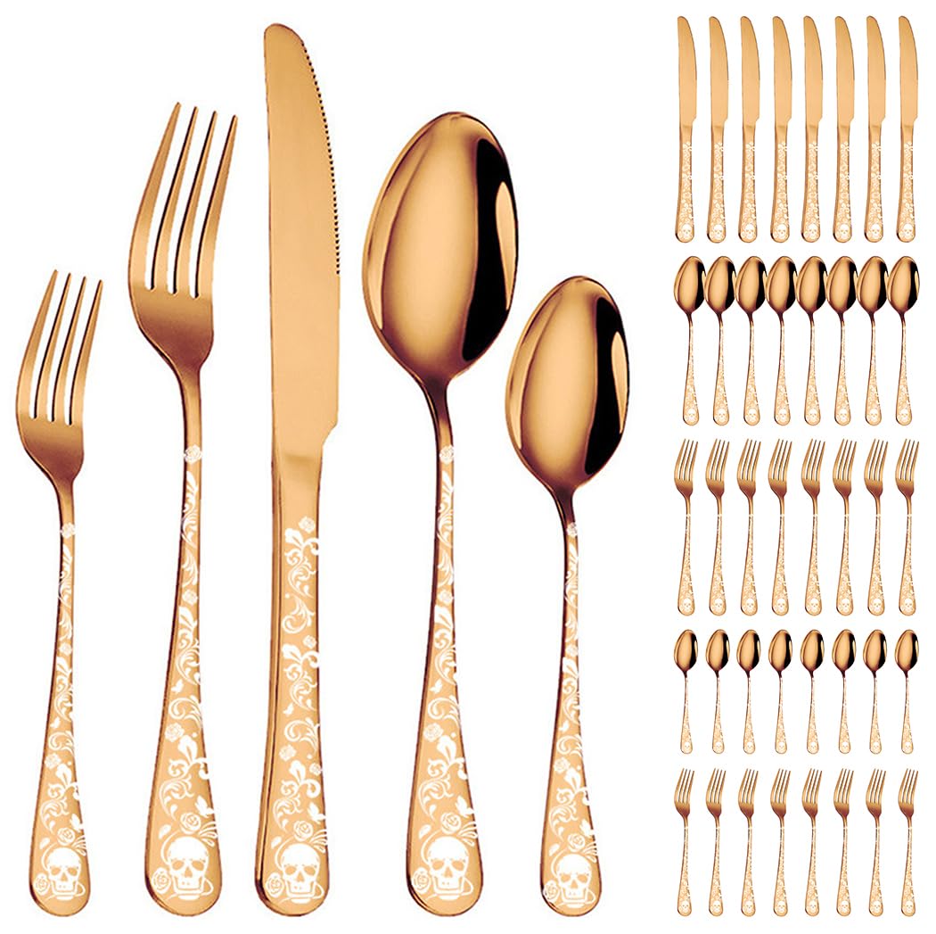 XIAOYU Halloween Skeleton Silverware Set 40 Piece Gothic Flatware Set for 8, Unique Vintage Skull Flower Pattern Design, Durable Cutlery Tableware for Home Kitchen, Rose Gold