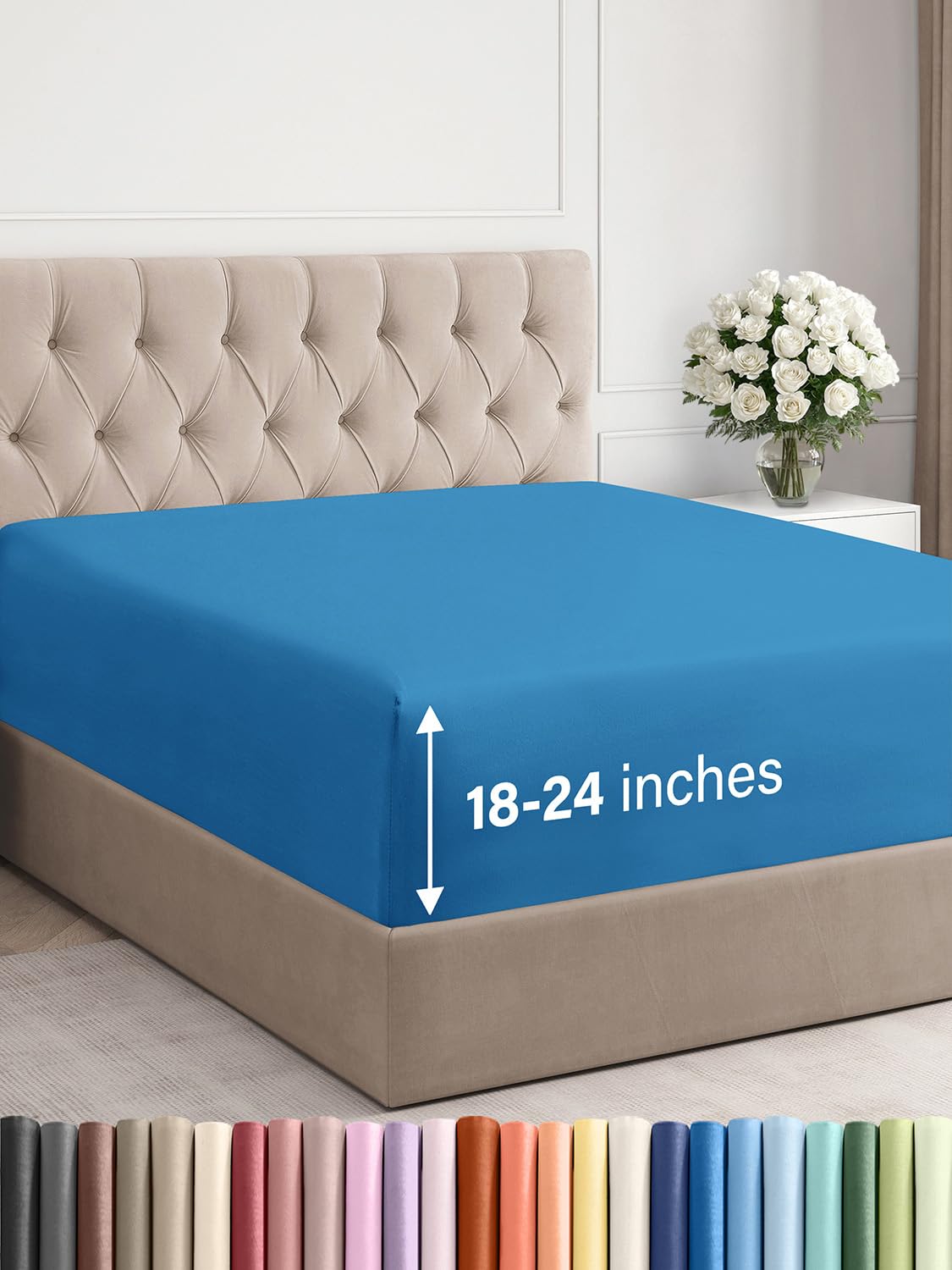 Photo 1 of Extra Deep Cal King Fitted Sheet - Hotel Luxury Single Fitted Sheet Only - Easily Fits 18 inch to 24 inch Mattress - Ultra Soft, Wrinkle Free w/Extra Deep Pockets - Breathable & Comfy - Denim Blue