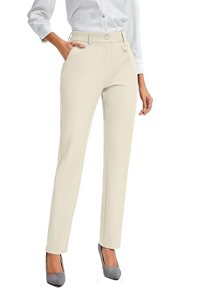 FUNYYZO WOMEN’S STRETCH BUSINESS WORK PANTS WITH POCKETS WEAR TO WORK CASUAL SUITPANTS LONG STRAIGHT TROUSERS APRICOT