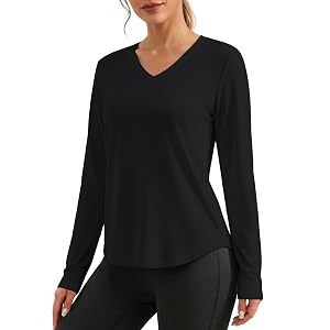 PINSPARK Workout Tops for Women Long Sleeve V-Neck Shirts UPF 50+ Sun Shirt | Soft, Quick-dry, UV Protection, Side Curved Hem