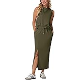 GRECERELLE 2026 Women Summer Casual 2 Piece Sets Mock-Neck Wrinkle-Free Top & Elastic Waist Midi Side Slit Skirt with Pockets