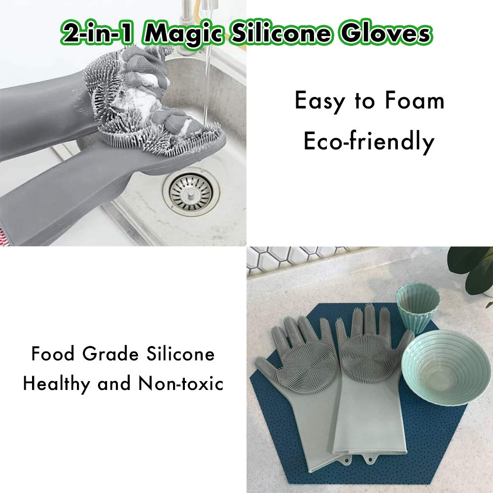 Upgrade Magic Silicone Cleaning Gloves Dishwashing Scrubber, Reusable Brush Scrubber Gloves with Bristles, Heat Resistant, Multi-functional, Perfect for Dish washing, Kitchen, Bathroom, Car and More