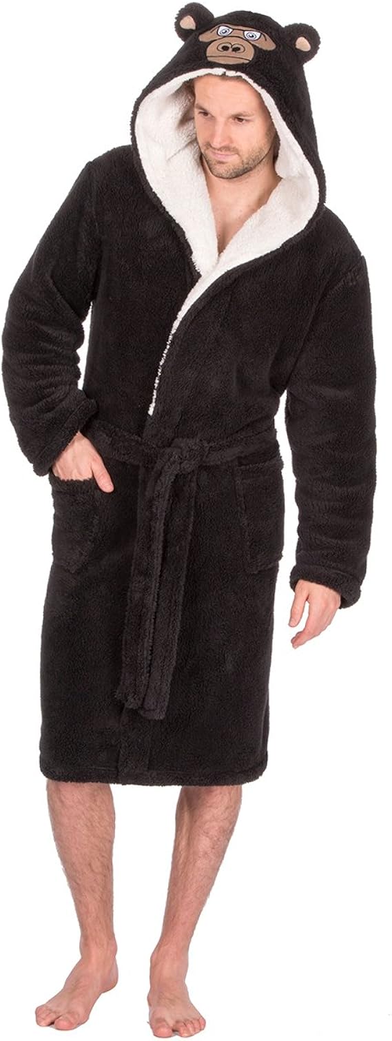 Mens Snuggle Fleece Dressing Gown with Animal Face Hood Medium to 2XL