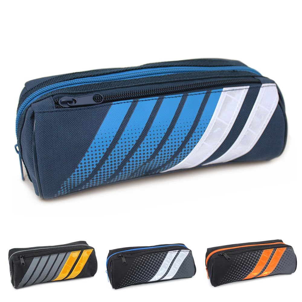 Fashion Stationery Blue Pencil Case 2 Zip White Stripes Boys Girls Teenagers Children Kids Sporty Back to School Pencil Cases