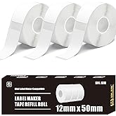 KOl.KIM D30 Label Tape Replacement for Phomemo Print Master D35 Q30 D30 Labels Tape for Vretti HP3 HP4 for MARKLIFE P11 P12 P15 (White, 12mm*50mm 3 Rolls)