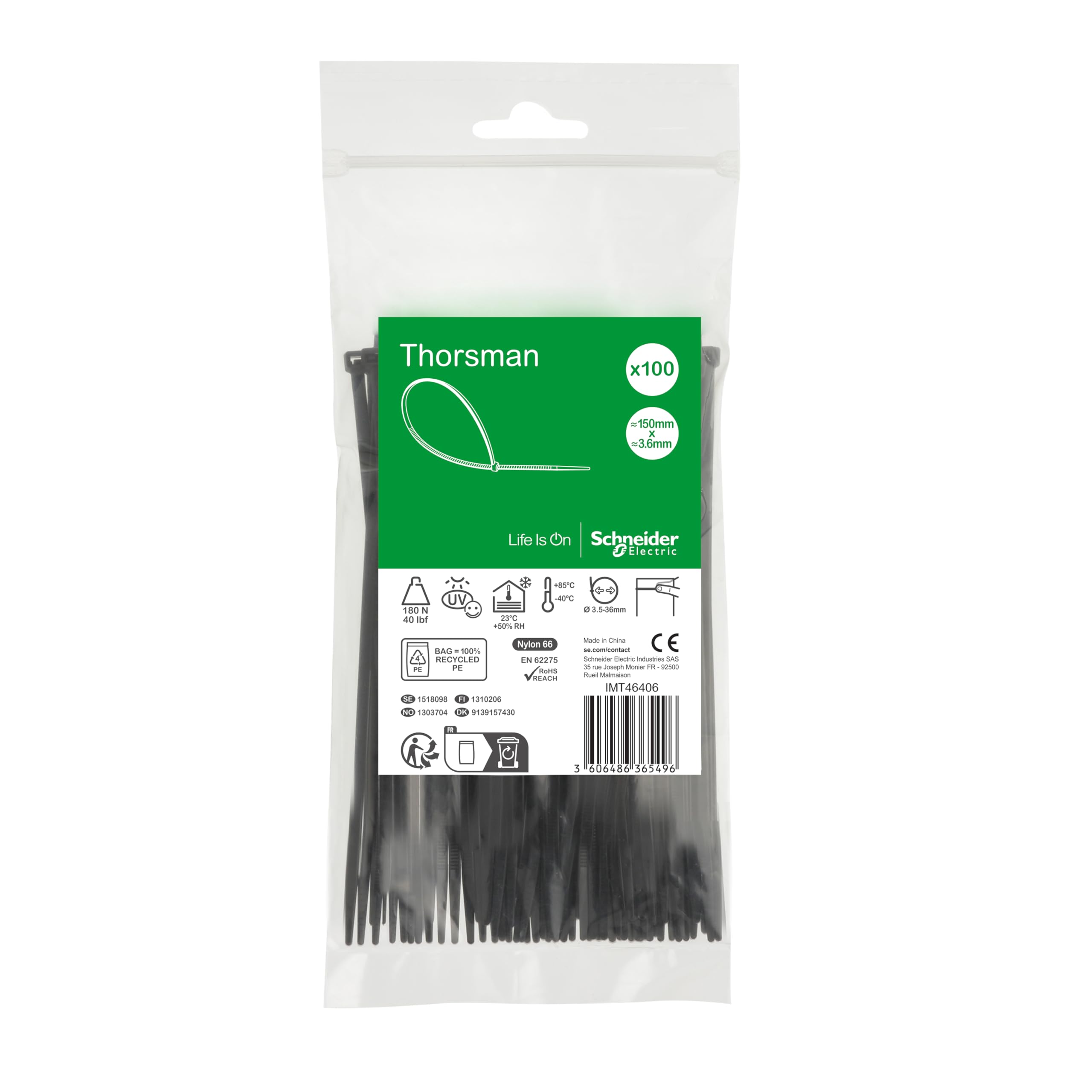 Schneider Electric Thorsman Cable Ties, Pack of 100, Made of Polyamide, 150 x 3.6 mm, Colour: Black, Various Sizes, Smooth Rounded Edges, Super Durable, Self-Locking Cable Ties for Cable Management