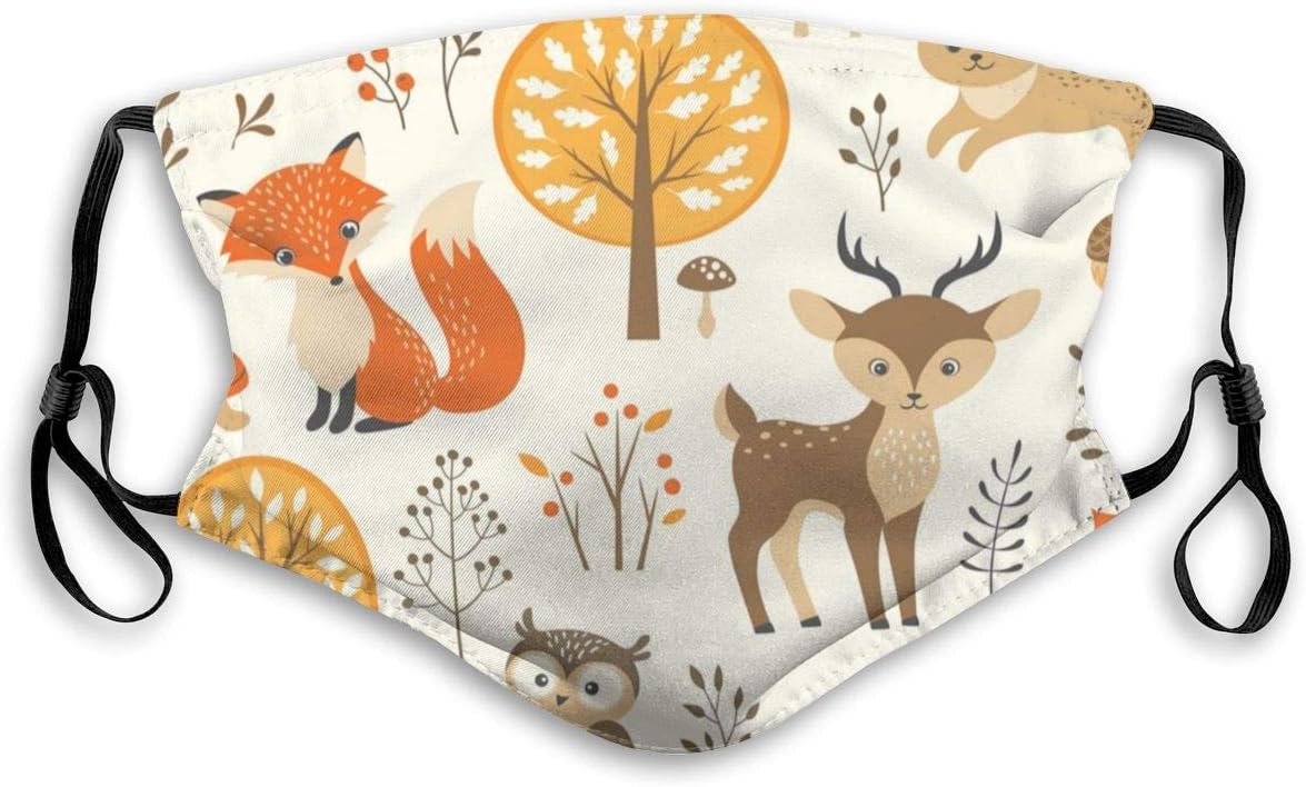 Forest Owl Deer Hedgehog Fox Reusable Face Nose Mouth Cover with Adjustable Earloops Dust Mouth Mask for Kids Women Men