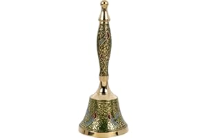 HANDCRAFTED TRADING CO. Brass Hand Bell Peacock Design | Indian Puja Bell for Temples and Diwali Decorations | Call Bell Wedding Bells Hand Held Bell Christmas Bell | 7.5 inch | Green
